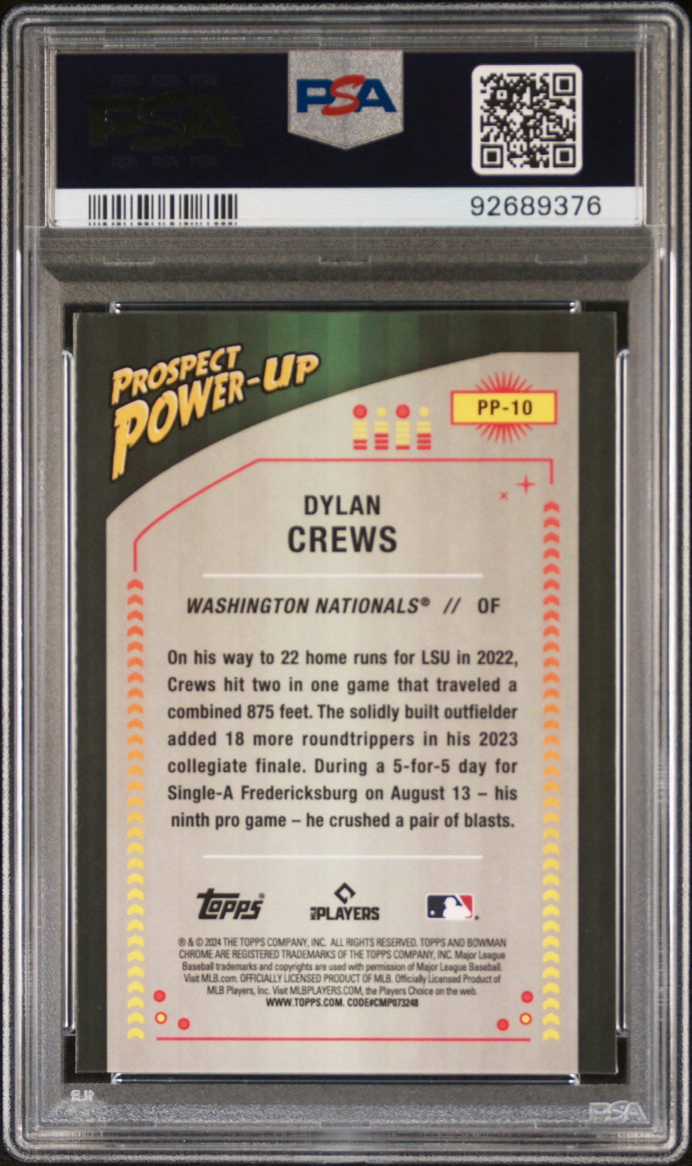 Graded 2024 Topps Bowman Dylan Crews #PP10 Prospect Power Up Rookie RC Baseball Card PSA 10 Gem Mint - Golden Apple Comics