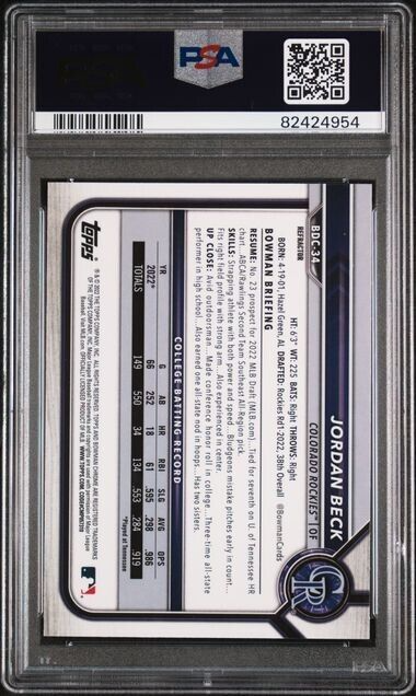 Graded 2022 Topps Bowman Draft Jordan Beck #BDC34 Chrome Refractor Rookie RC Baseball Card PSA 10 Gem Mint