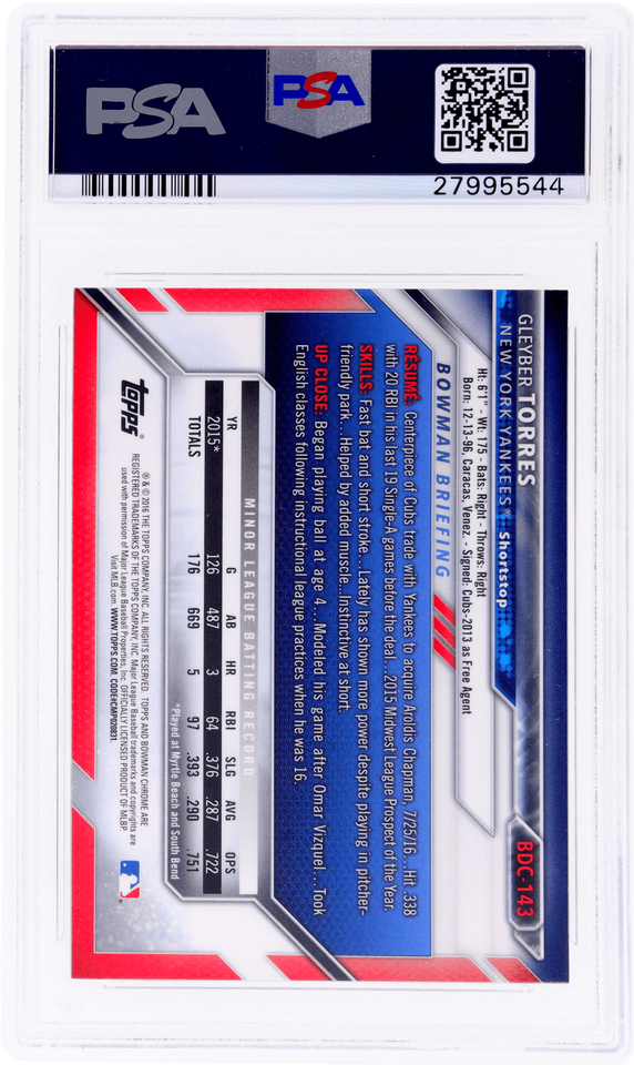 Graded 2016 Topps Bowman Draft Gleyber Torres #BDC143 Chrome Rookie RC Baseball Card PSA 10 Gem Mint