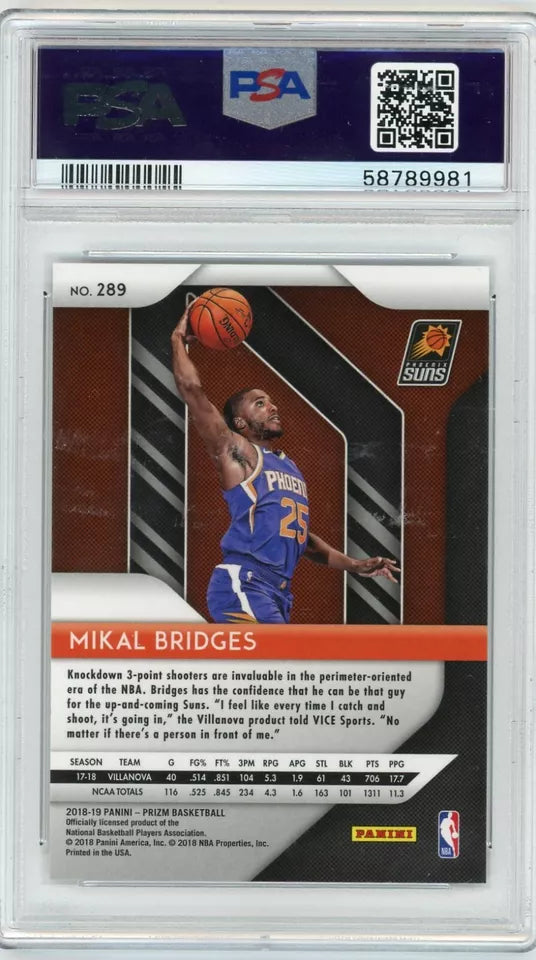 Graded 2018 Panini Prizm Mikal Bridges #289 Rookie RC Basketball Card PSA 10 Gem Mint