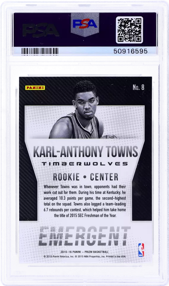 Graded 2015-16 Panini Prizm Karl-Anthony Towns #8 Emergent Rookie RC Basketball Card PSA 10 Gem Mint
