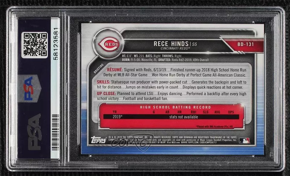 Graded 2019 Topps Bowman Draft Rece Hinds #BD131 Rookie RC Baseball Card PSA 10 Gem Mint