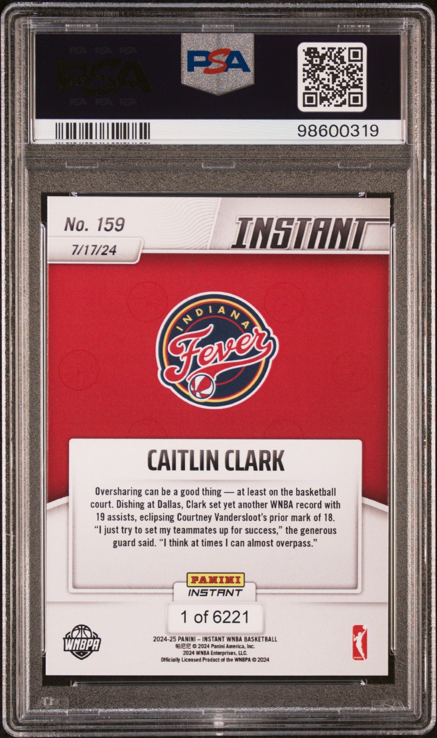 Graded 2024 Panini Instant WNBA Caitlin Clark #159 Sets Single Game Assists Record Rookie RC Basketball Card PSA 10 Gem Mint