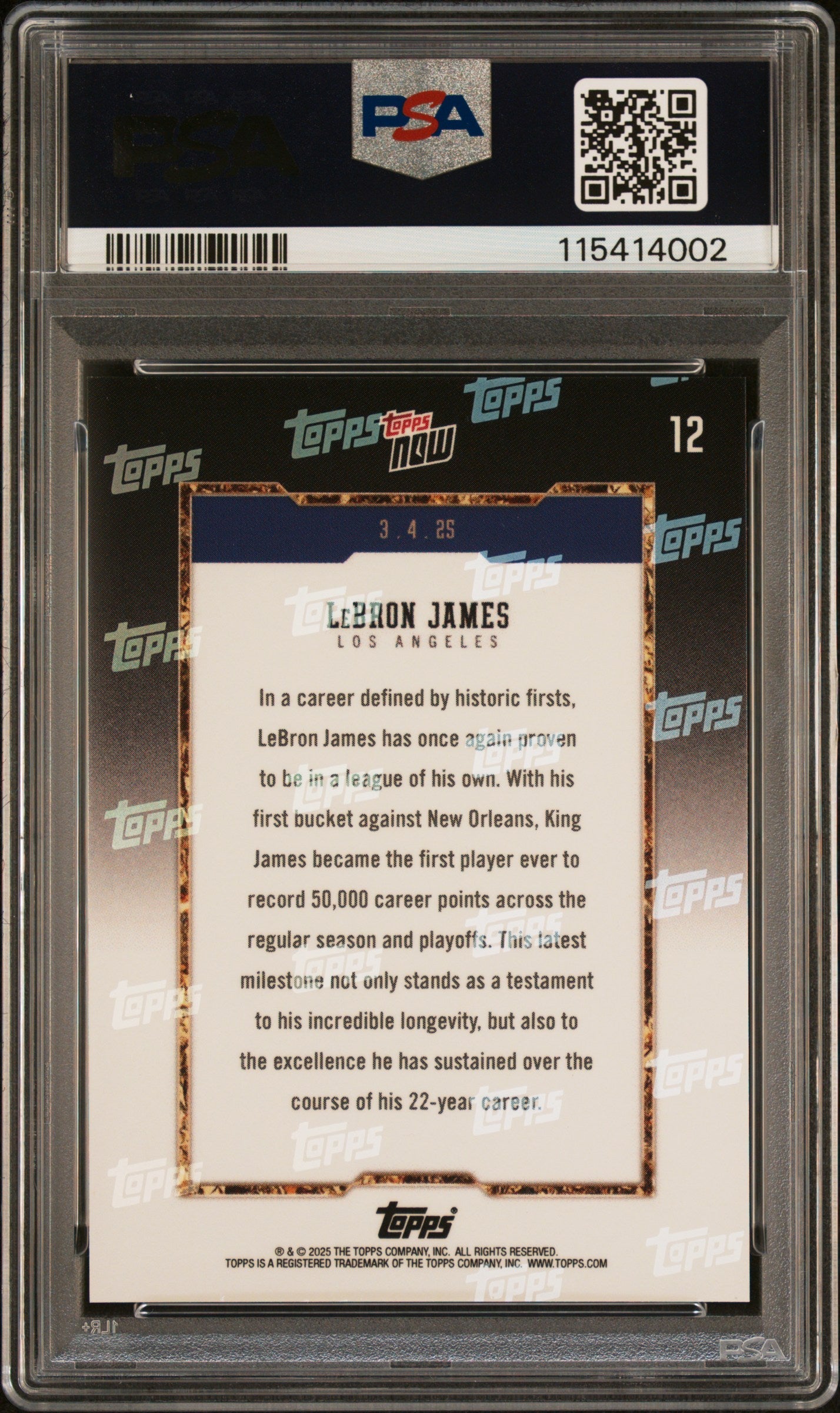 Graded 2024 Topps Now LeBron James #12 Basketball Card PSA 8 Near Mint