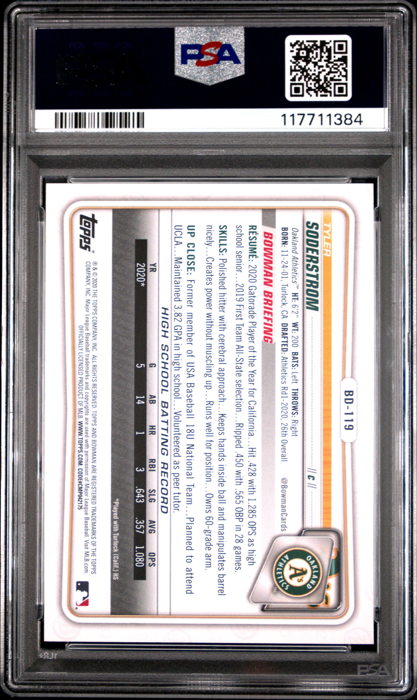 Graded 2020 Topps Bowman Draft Tyler Soderstrom #BD119 Rookie RC Baseball Card PSA 10 Gem Mint