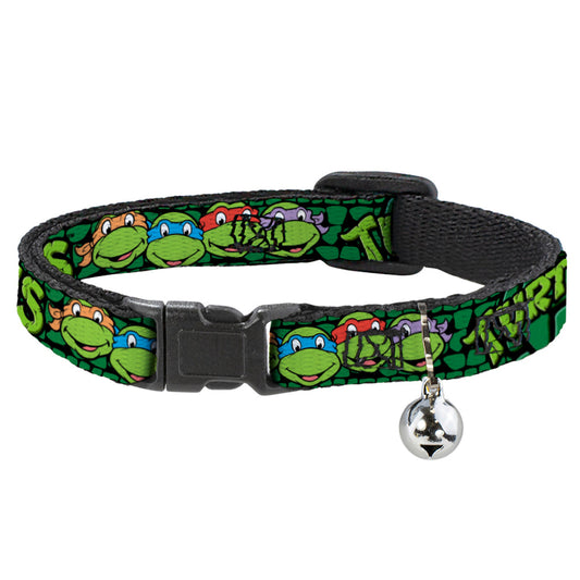 Cat Collar Breakaway with Bell - Classic TMNT Group Faces TURTLES Turtle Shell Black Green