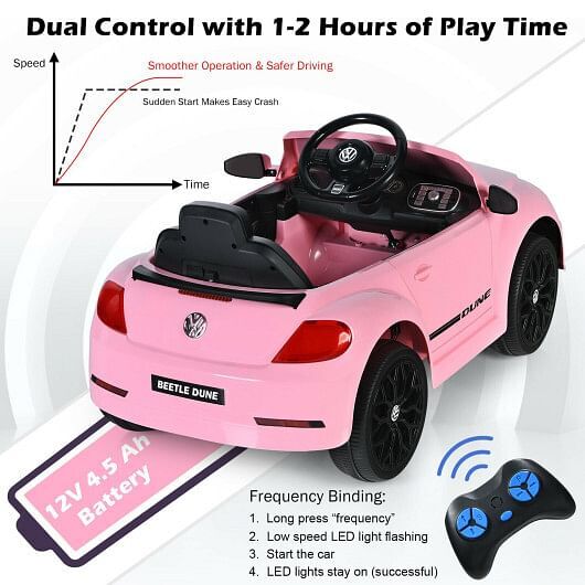 Electric Pink Kids Ride-On Car with Remote Control, Volkswagen Beetle Style
