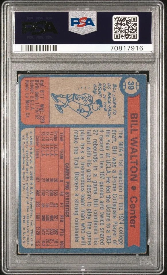 Graded 1974 Topps Bill Walton #39 Rookie RC Basketball Card PSA 3.5 Very Good + - Golden Apple Comics