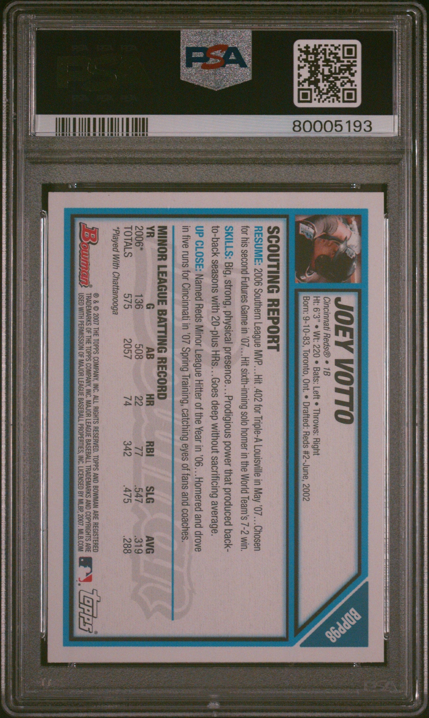 Graded 2007 Topps Bowman Joey Votto #BDPP98 Draft Picks & Prospects Rookie RC Baseball Card PSA 10 Gem Mint