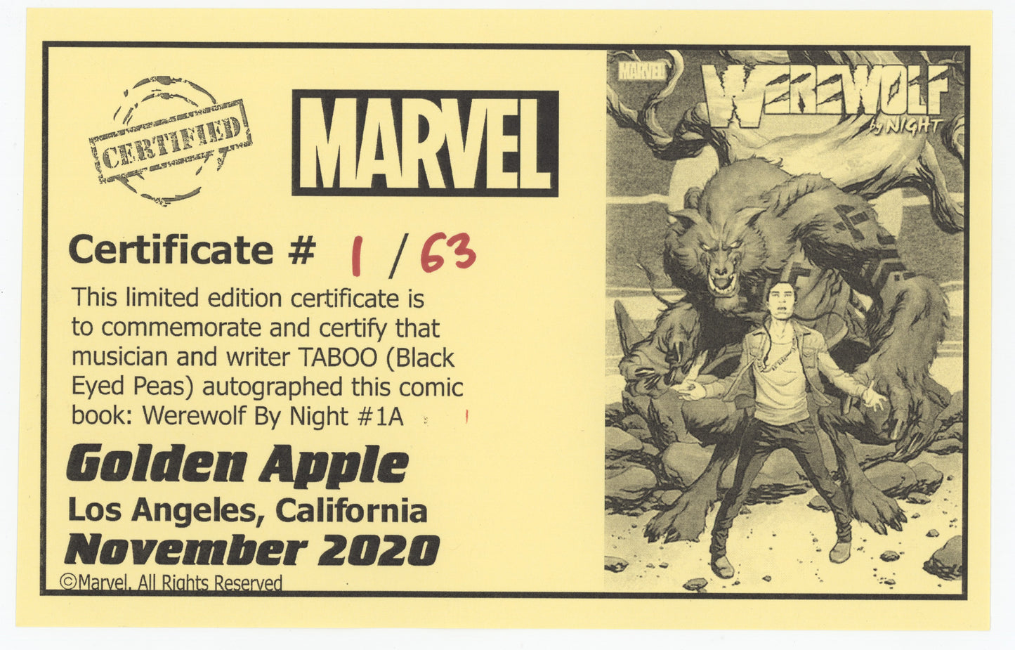 Werewolf By Night #1 A (Of 4) Marvel 2020 NM Signed Taboo Black Eyed Peas COA