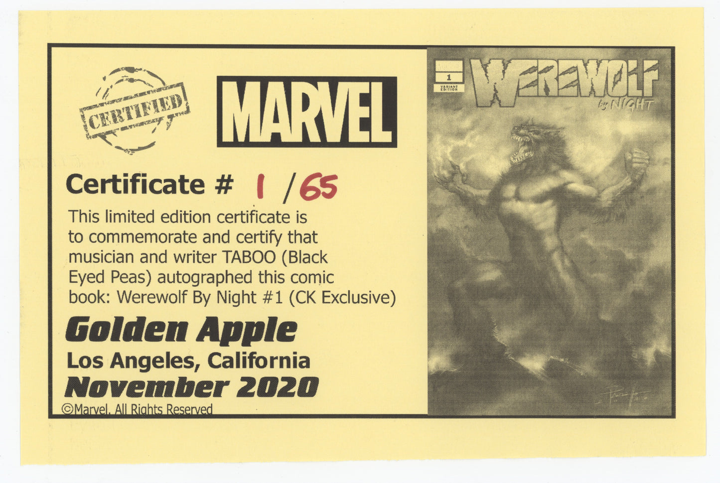 Werewolf By Night #1 (Of 4) Marvel 2020 Lucio Parrillo Variant NM Signed Taboo Black Eyed Peas COA - Golden Apple Comics