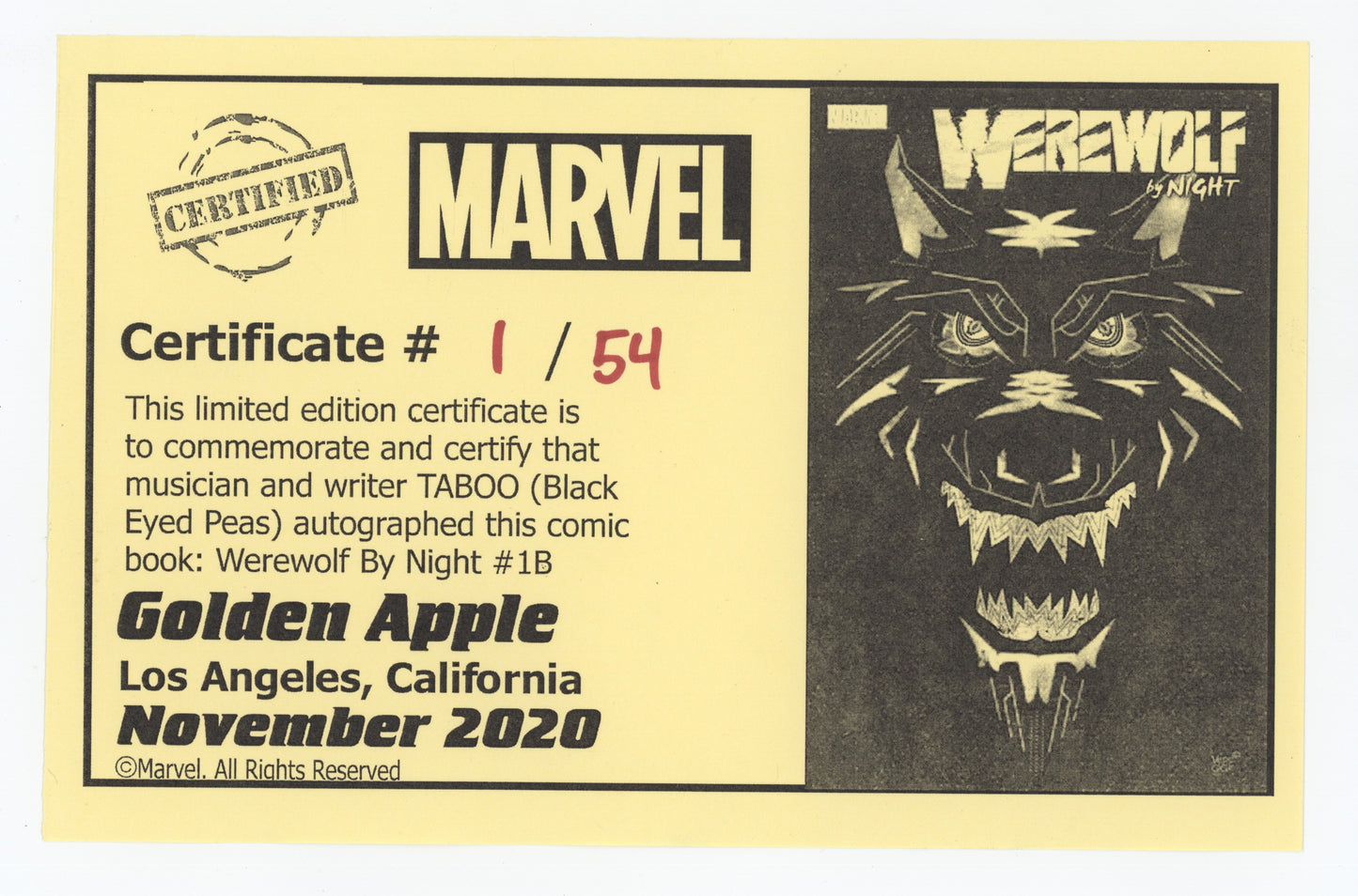 Werewolf By Night #1 B (Of 4) Marvel 2020 Jeffrey Veregge Variant NM Signed Taboo Black Eyed Peas COA
