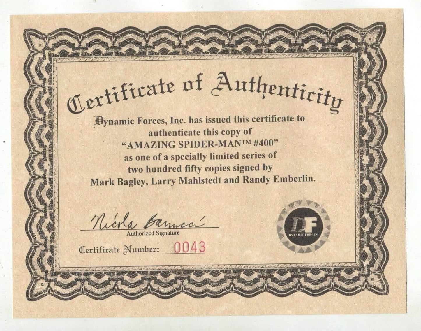 Amazing Spider-Man 400 Marvel DF Dynamic Forces Signed 3x Mark Bagley 43/250