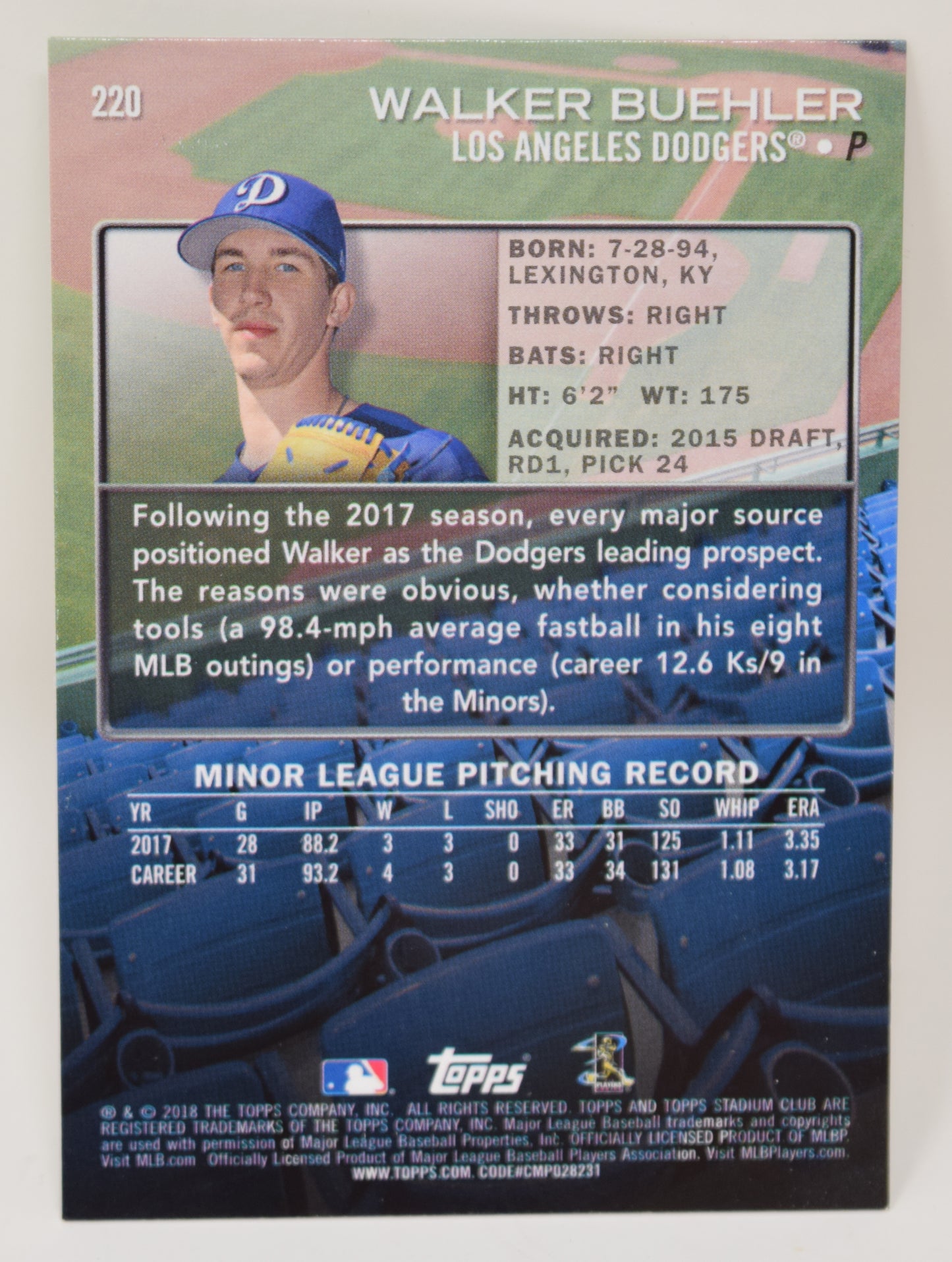 Walker Buehler Topps Stadium Club 2018 Baseball RC Rookie Dodgers Card 220