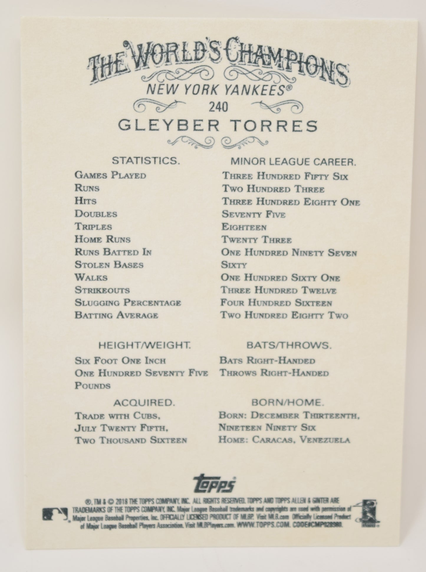 Gleyber Torres Topps 2018 Allen Ginter Baseball RC Rookie Card 240