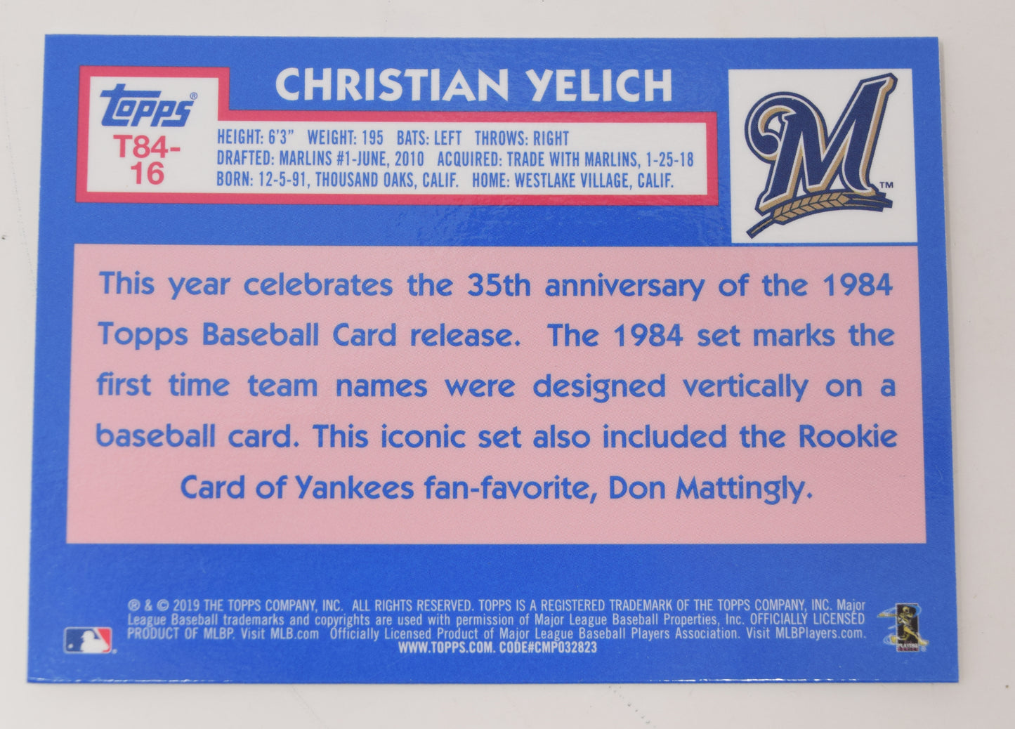 Christian Yelich Topps Chrome 2019 Baseball 1984 35th Brewers Card T84-16