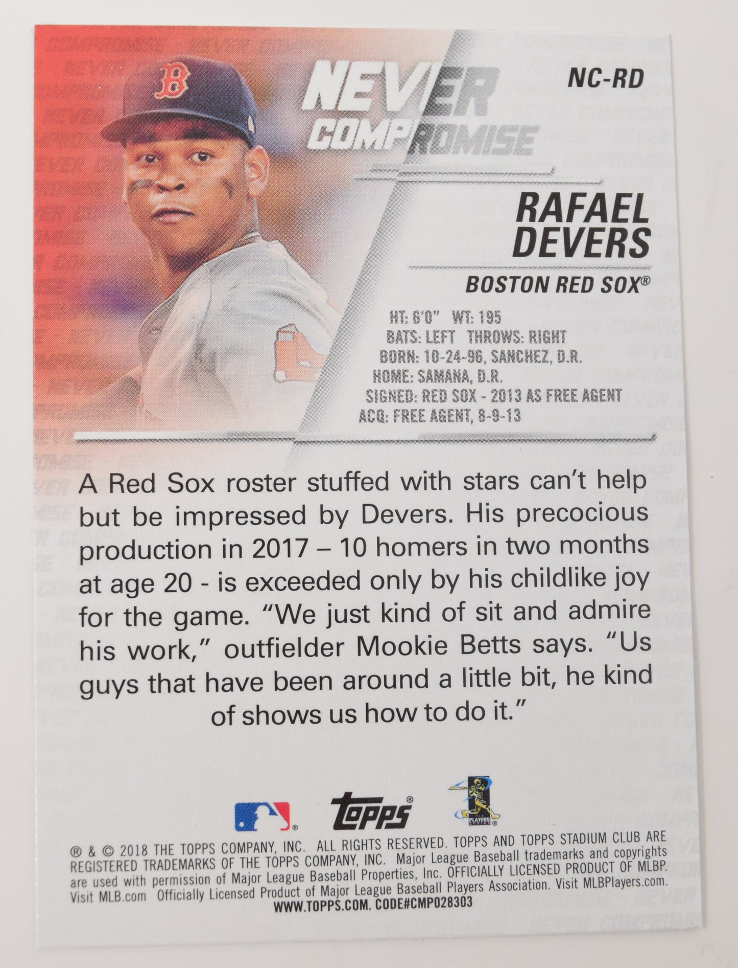 Rafael Devers Topps Stadium Club 2018 Baseball Red Sox RC Rookie Card NC-RD