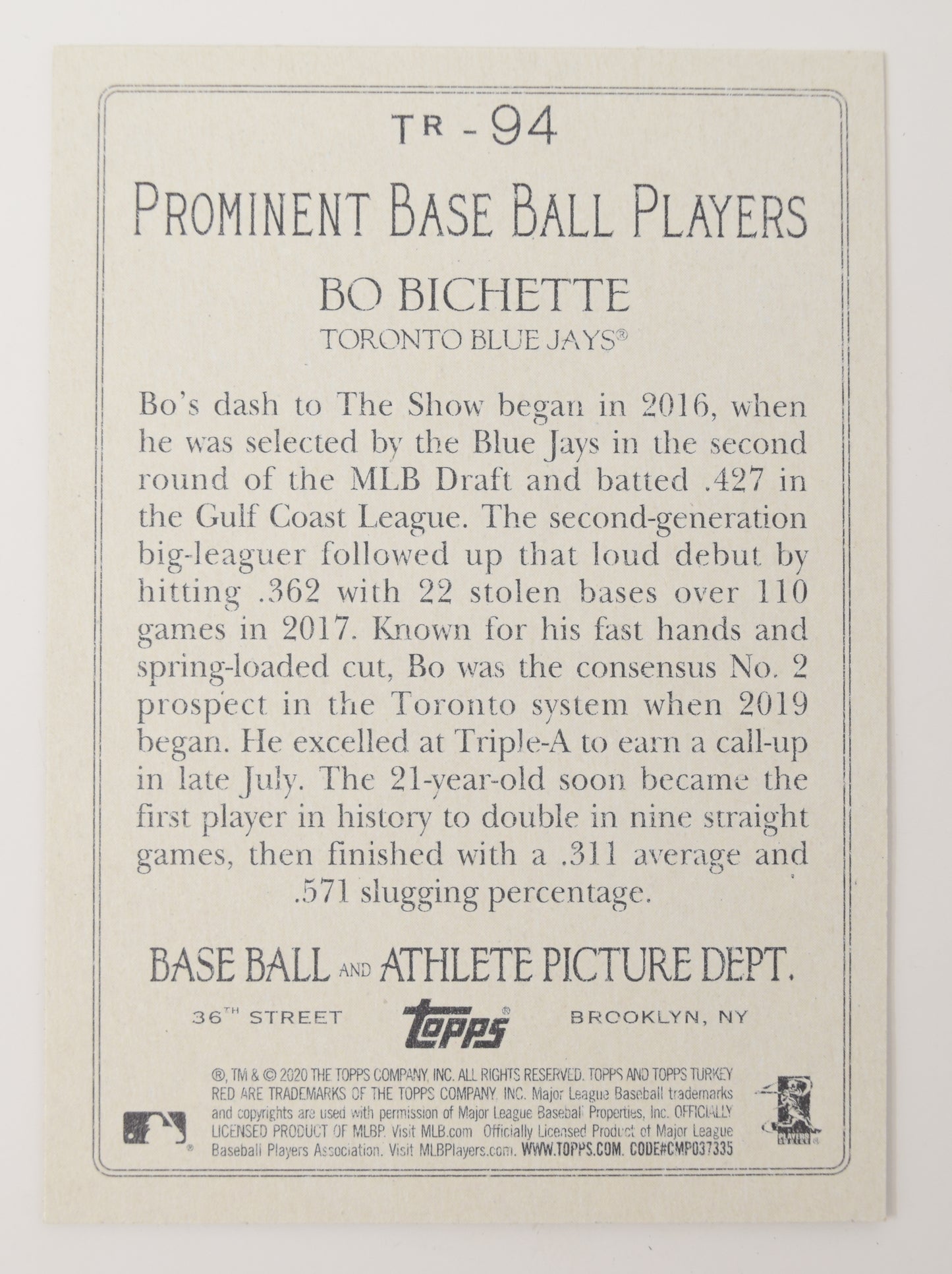 Bo Bichette Topps 2020 Baseball Turkey Red RC Rookie Blue Jays Card TR-94
