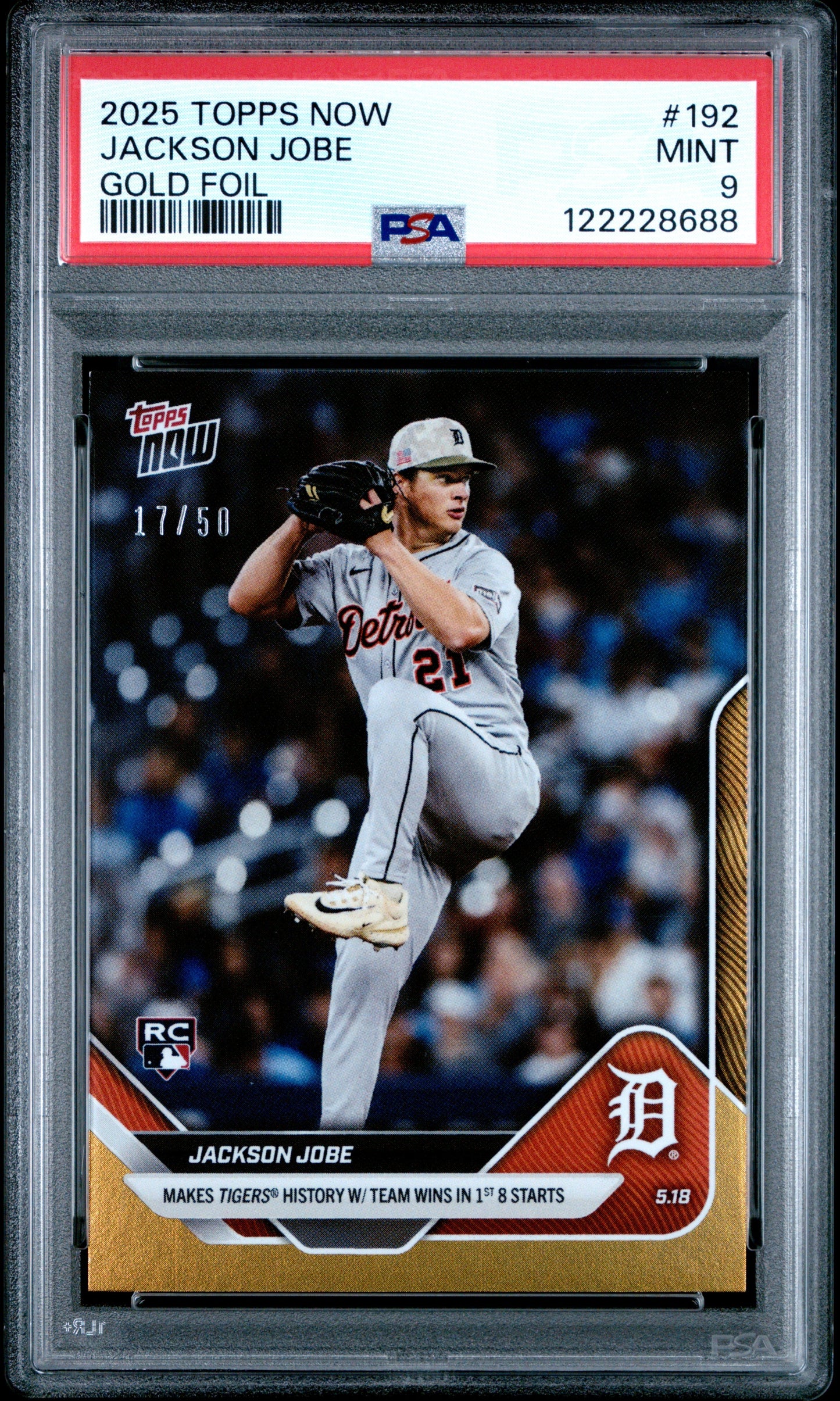 Graded 2025 Topps Now Jackson Jobe #192 Gold Foil /50 Rookie RC Baseball Card PSA 9 Mint