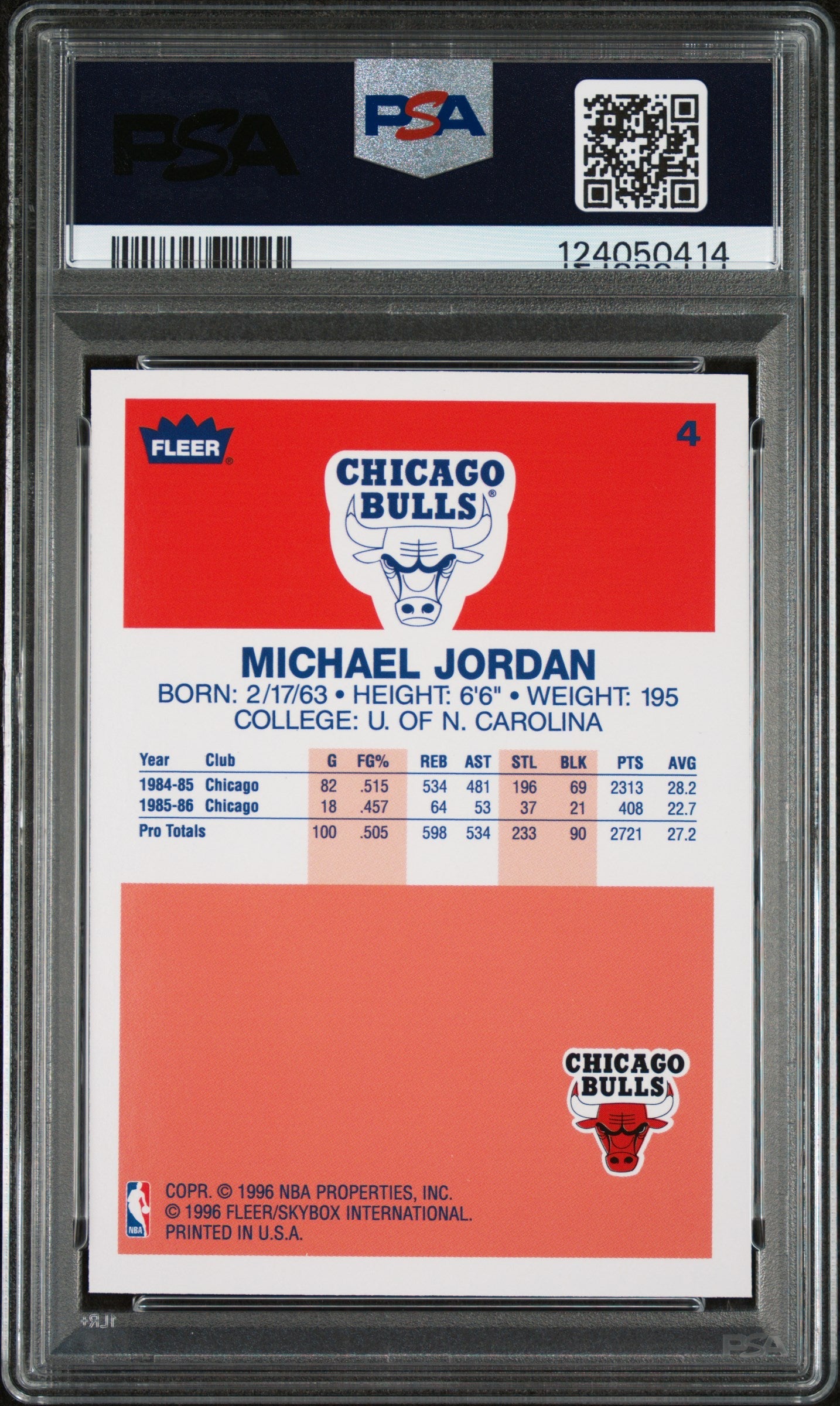 Graded 1996 Fleer Michael Jordan #4 Decade of Excellence Rookie Reprint Basketball Card PSA 9 Mint