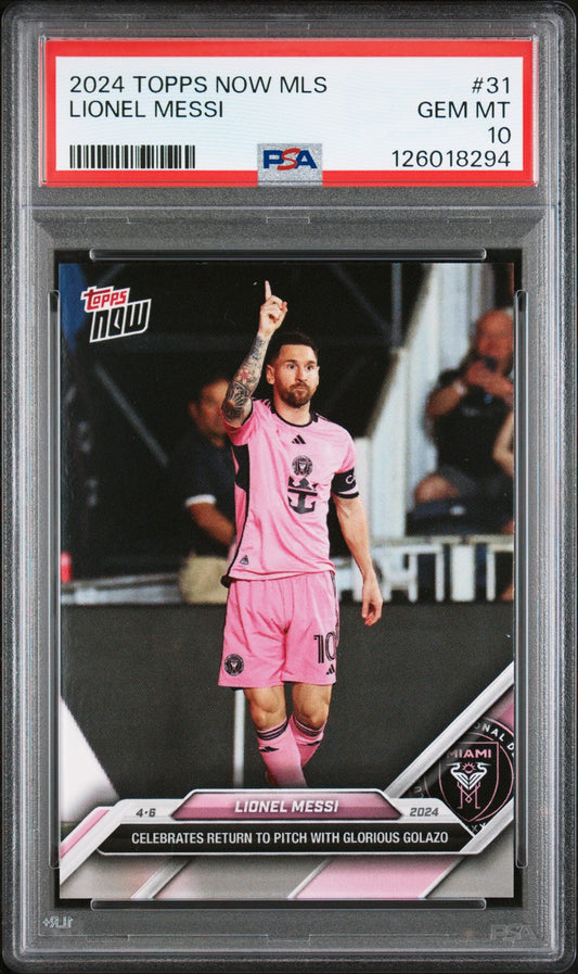 Graded 2024 Topps Now MLS Lionel Messi #31 Celebrates Return to Pitch with Glorious Golazo Soccer Card PSA 10 Gem Mint - Golden Apple Comics