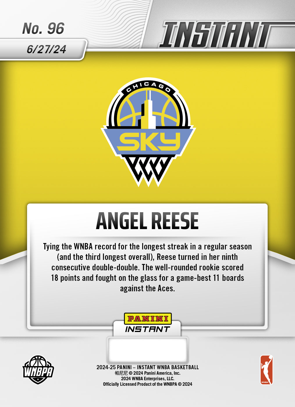 Angel Reese 2024 Panini Instant Sky WNBA Basketball Card 2024 #96 NM (08/07/2024)