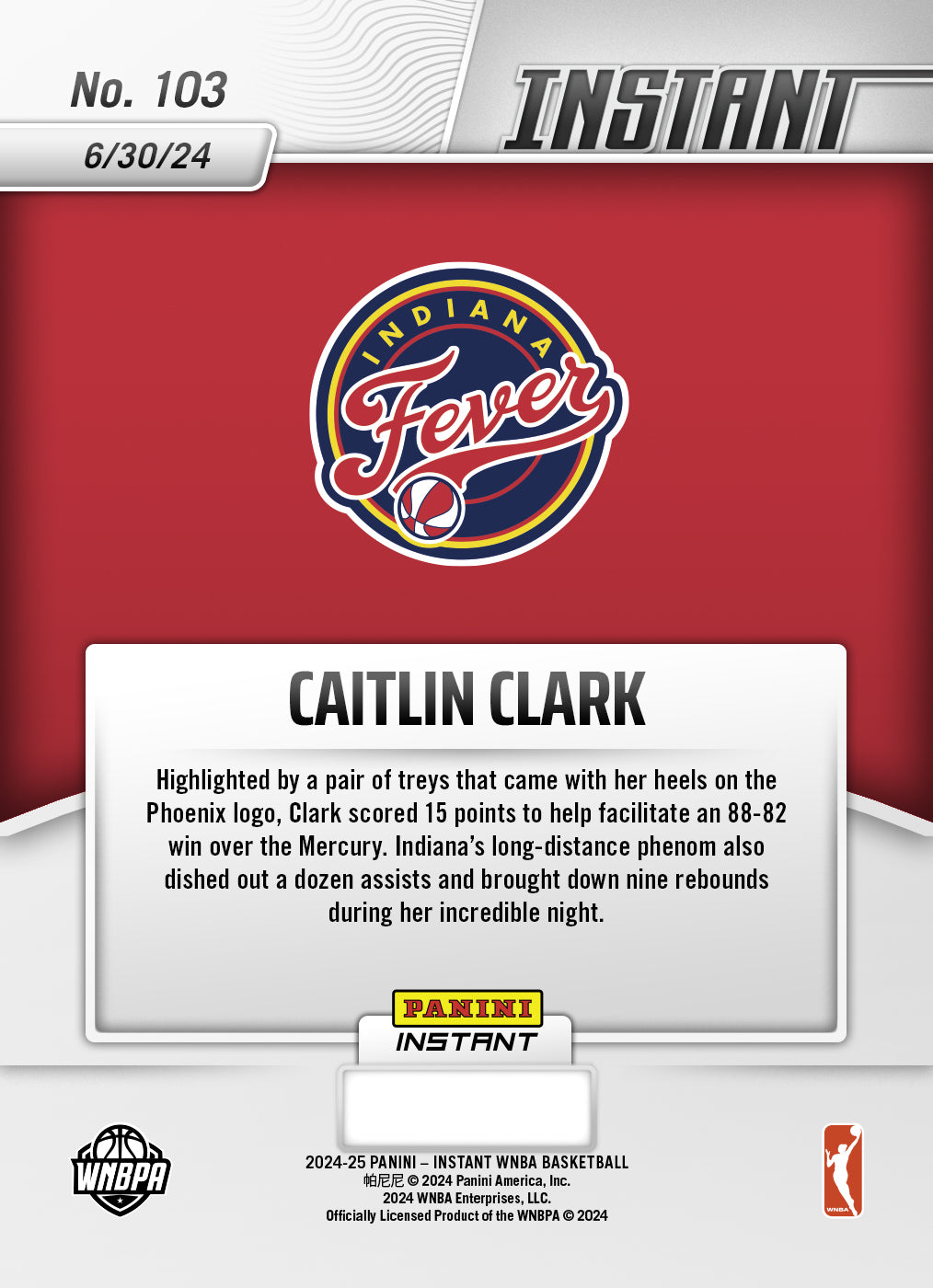 Caitlin Clark 2024 Panini Instant Fever WNBA Basketball Card 2024 #103 NM (08/07/2024)