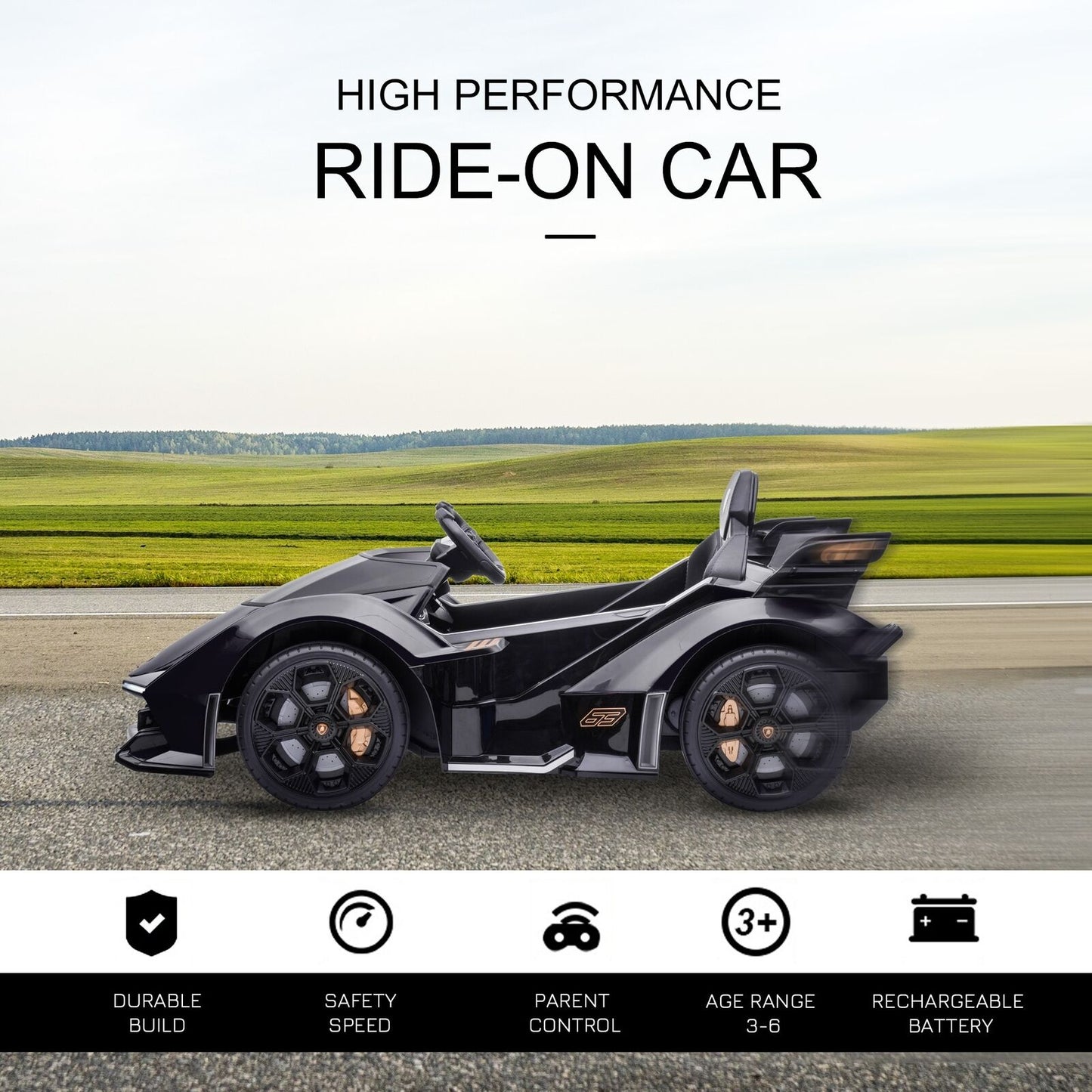 12V Black Lamborghini GT Kids Ride-On Sports Car with Remote Control