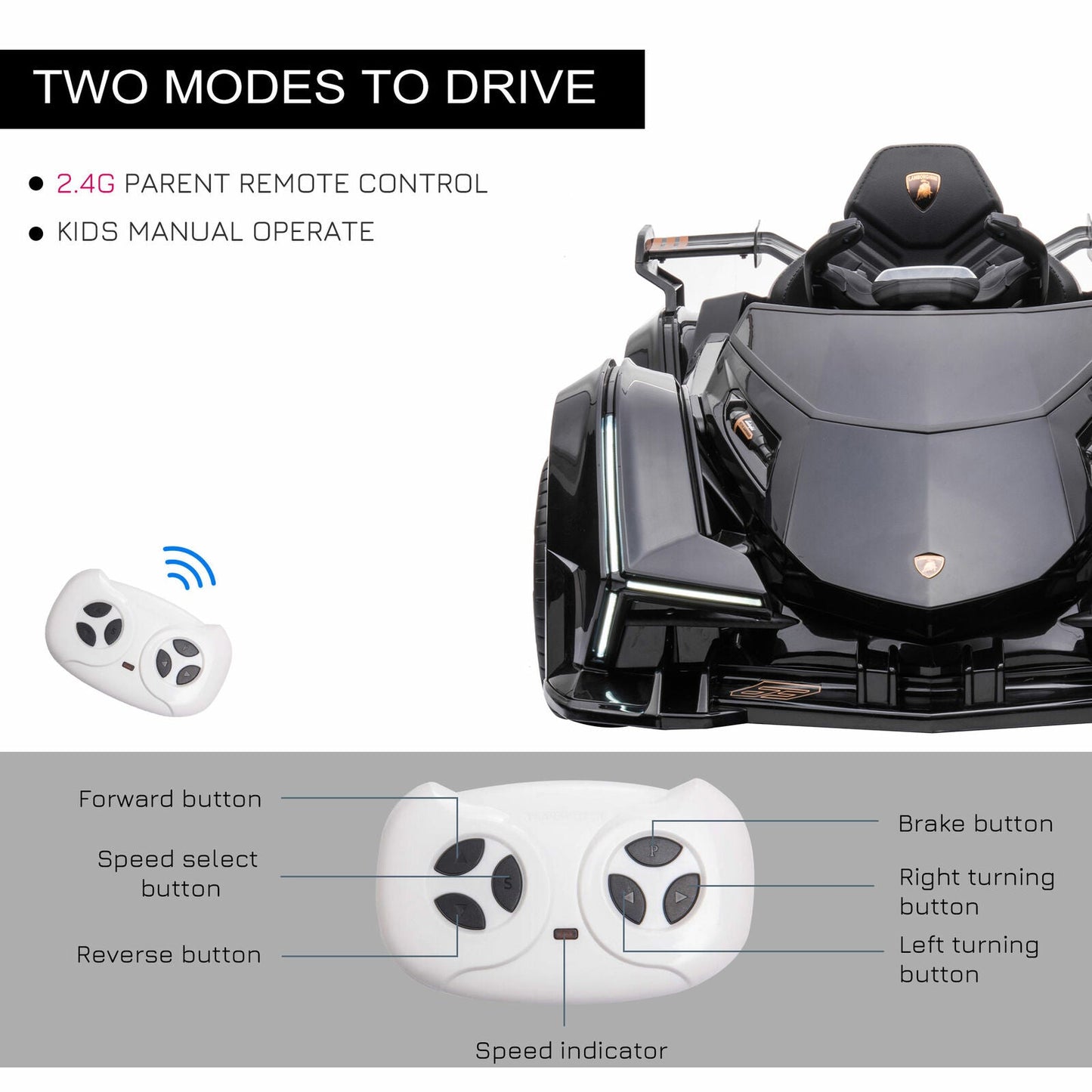 12V Black Lamborghini GT Kids Ride-On Sports Car with Remote Control