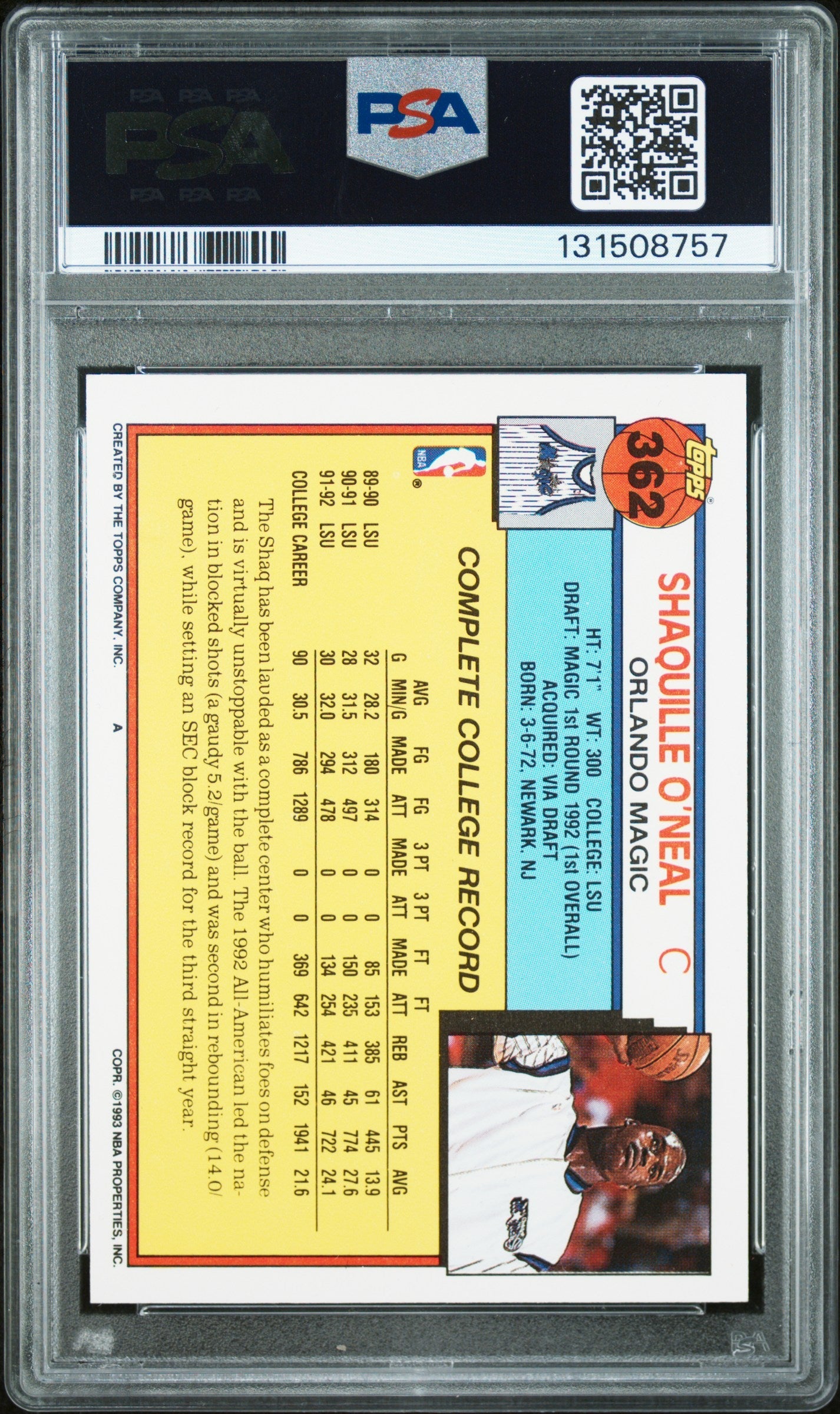 Graded 1992-93 Topps Shaquille O'Neal #362 Rookie RC Basketball Card PSA 10 Auto Grade Gem Mint