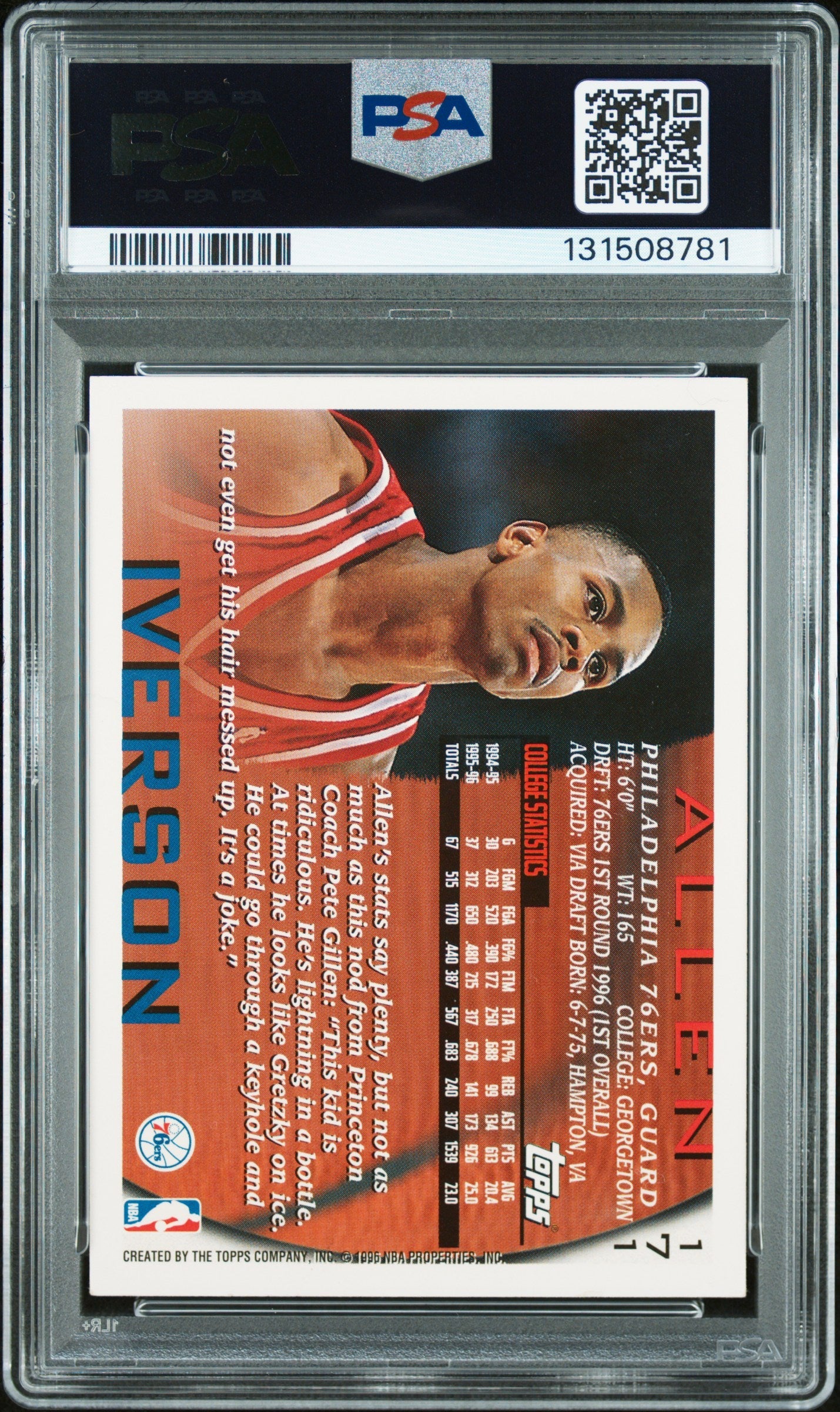 Graded 1996 Topps Allen Iverson #171 Rookie RC Basketball Card PSA 10 Auto Grade Gem Mint