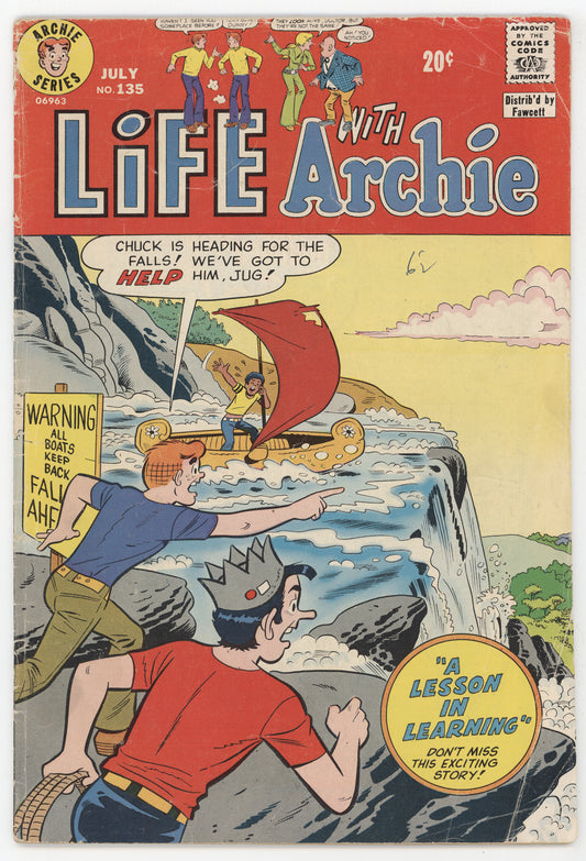 Life With Archie 135 Archie 1973 VG Jughead River Rafting Rapids Sailboat Waterfall