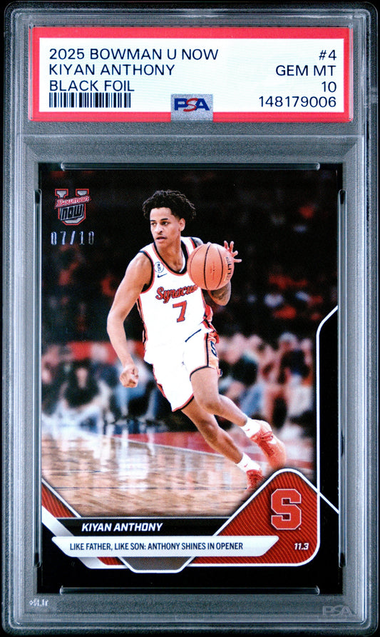 Graded 2025 Topps Bowman U Now Kiyan Anthony #4 Black Foil /10 Rookie RC Basketball Card PSA 10 Gem Mint