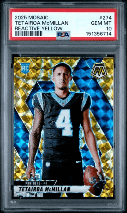 Graded 2025 Panini Mosaic Tetairoa McMillan #274 Reactive Yellow Rookie RC Football Card PSA 10 Gem Mint