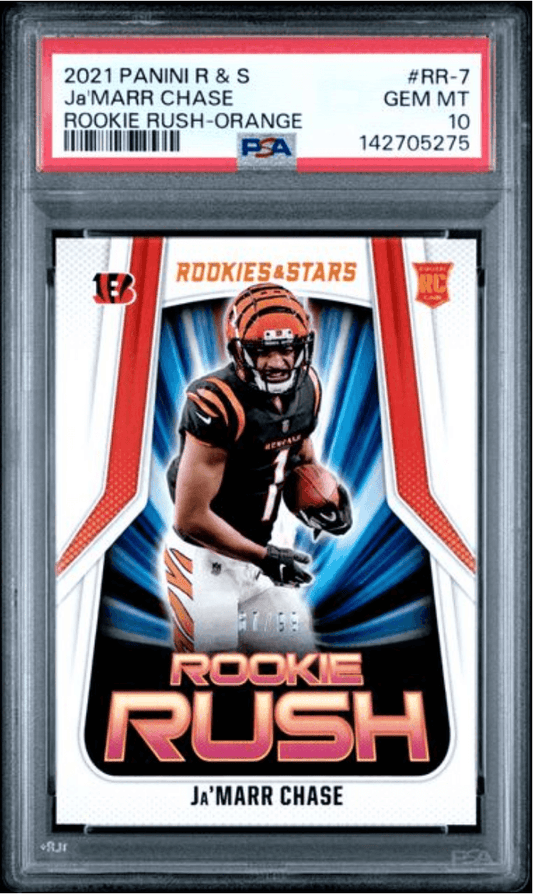 Graded 2021 Panini Rookies & Stars Ja'Marr Chase #RR7 Rookie Rush Orange /99 Rookie RC Football Card PSA 10 Gem Mint