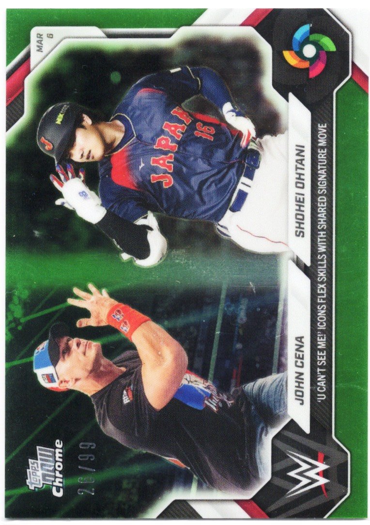 2026 Topps Now World Baseball Classic John Cena/Shohei Ohtani #WBCO Green Chrome /99 "U Cant See Me!" Icons Flex Skills with Shared Signature Move Baseball Card