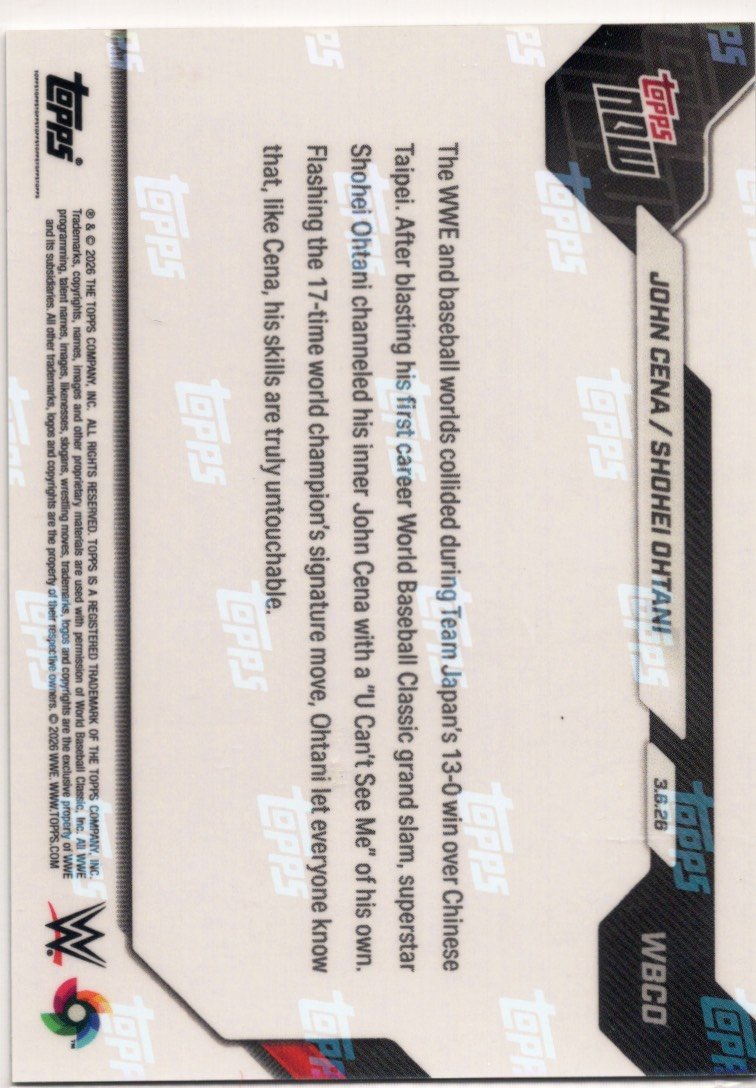 2026 Topps Now World Baseball Classic John Cena/Shohei Ohtani #WBCO Green Chrome /99 "U Cant See Me!" Icons Flex Skills with Shared Signature Move Baseball Card