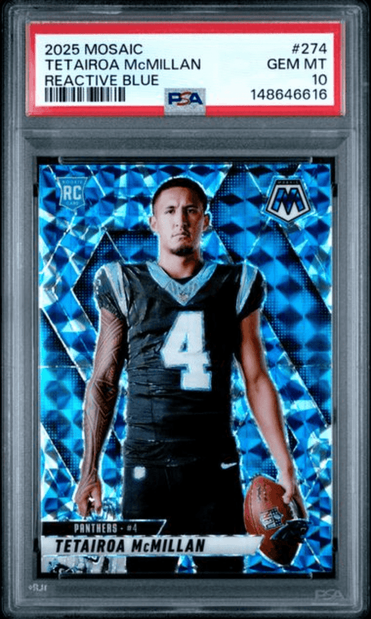 Graded 2025 Panini Mosaic Tetairoa McMillan #274 Reactive Blue Rookie RC Football Card PSA 10 Gem Mint
