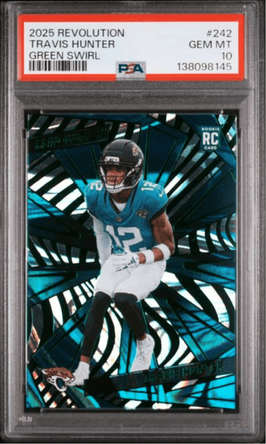 Graded 2025 Panini Revolution Travis Hunter #242 Green Swirl /199 Rookie RC Football Card PSA 10 Gem Mint