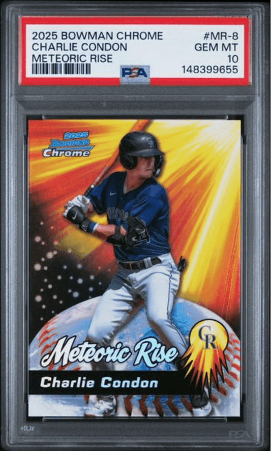 Graded 2025 Topps Bowman Chrome Charlie Condon #MR8 Meteoric Rise Rookie RC Baseball Card PSA 10 Gem Mint