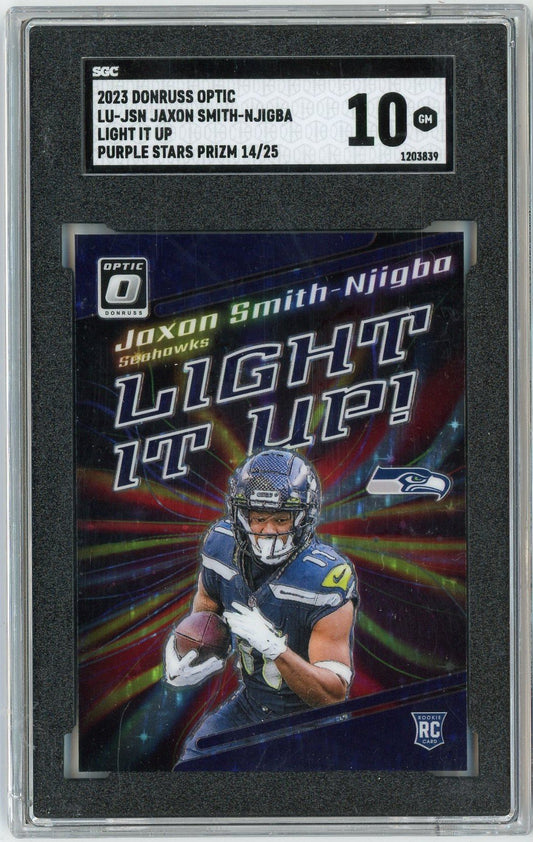 Graded 2023 Panini Donruss Optic Jaxon Smith Njigba #LUJSN Light It Up Purple Stars Prizm /25 Rookie RC Football Card SGC 10 Gem Mint