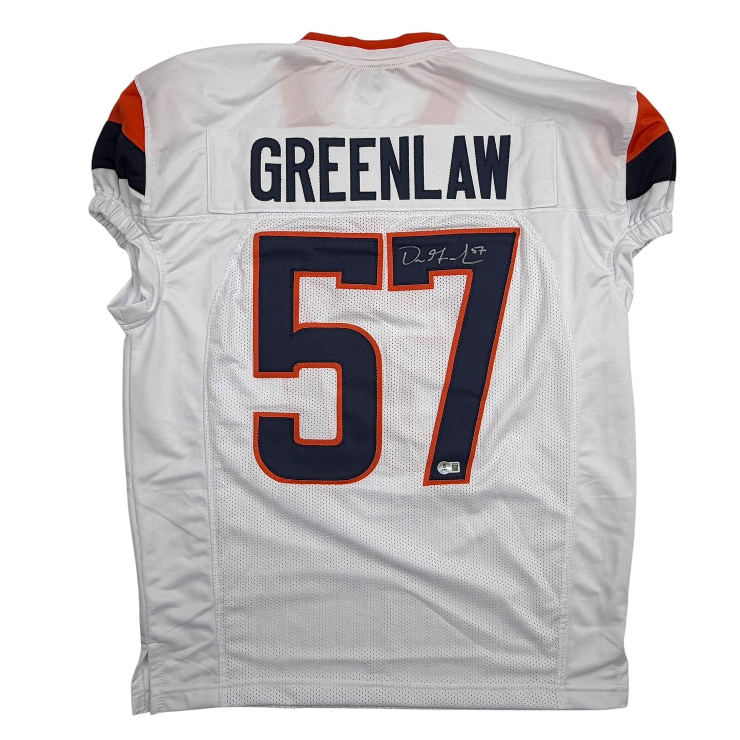Autographed/Signed Dre Greenlaw Denver White Pro Cut Football Jersey Beckett BAS COA