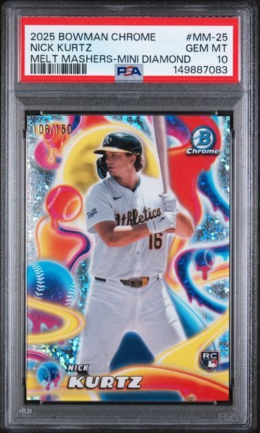 Graded 2025 Topps Bowman Chrome Nick Kurtz #MM25 Melt Mashers Mini Diamond /150 Rookie RC Baseball Card PSA 10 Gem Mint