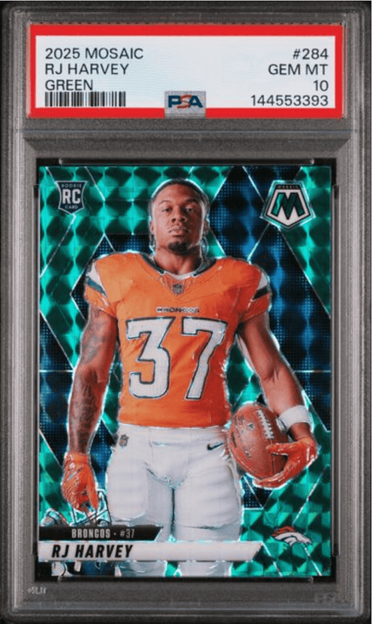 Graded 2025 Panini Mosaic RJ Harvey #284 Green Rookie RC Football Card PSA 10 Gem Mint