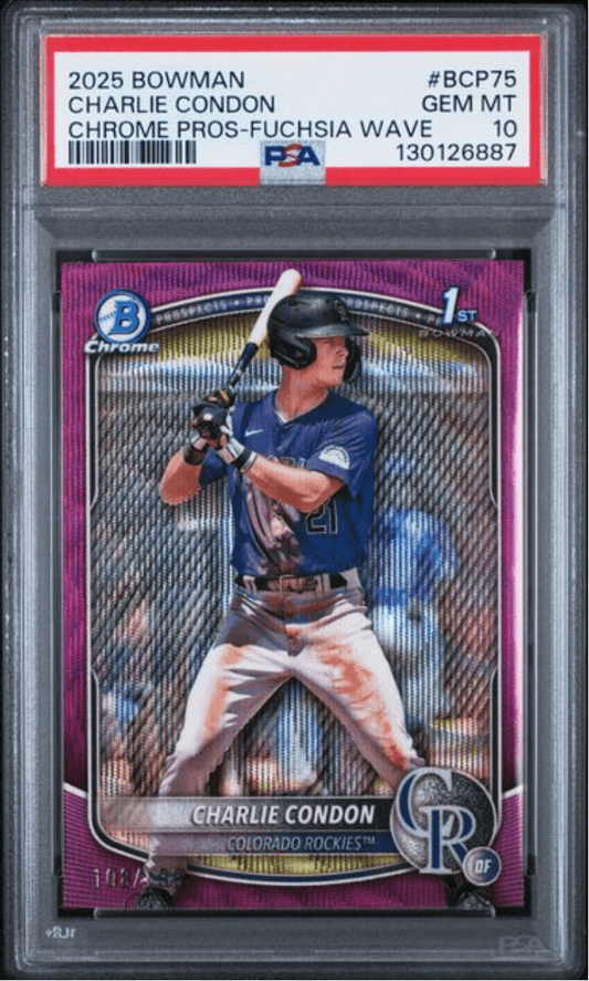 Graded 2025 Topps Bowman Charlie Condon #BCP75 Chrome Prospects Fuchsia Wave /199 Rookie RC Baseball Card PSA 10 Gem Mint