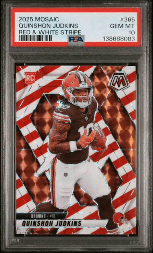 Graded 2025 Panini Mosaic Quinshon Judkins #365 Red & White Stripe Rookie RC Football Card PSA 10 Gem Mint