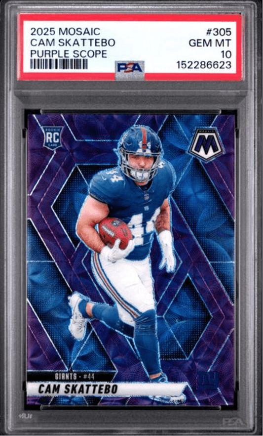 Graded 2025 Panini Mosaic Cam Skattebo #305 Purple Scope Rookie RC Football Card PSA 10 Gem Mint