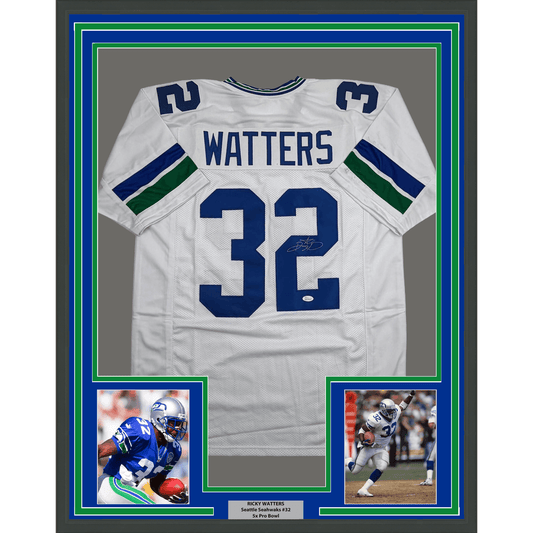Framed Autographed/Signed Ricky Watters 35x39 Seattle White Football Jersey Beckett BAS COA