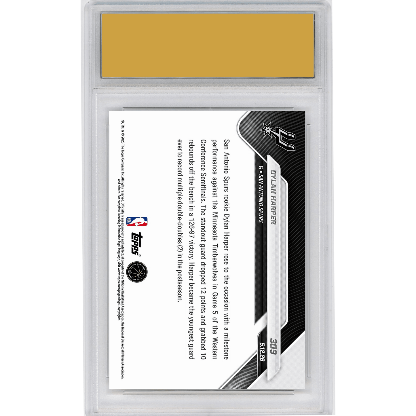 Graded 2025 Topps Now Dylan Harper #309 Youngest Guard Ever with Multiple Playoff Double Doubles San Antonio Spurs Rookie RC Basketball Card HOFSM 10 Gem Mint