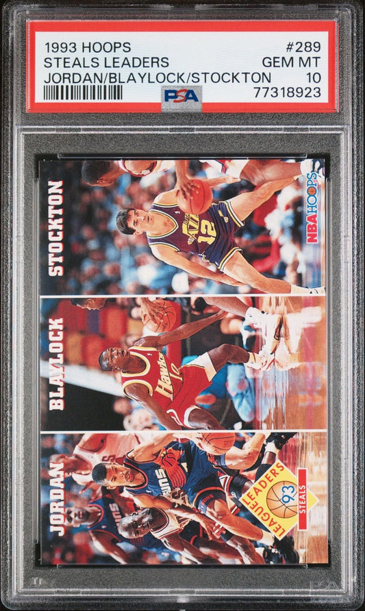 Graded 1993 NBA Hoops Michael Jordan #289 Steals Leaders Stockton Blaylock Basketball Card PSA 10 Gem Mint